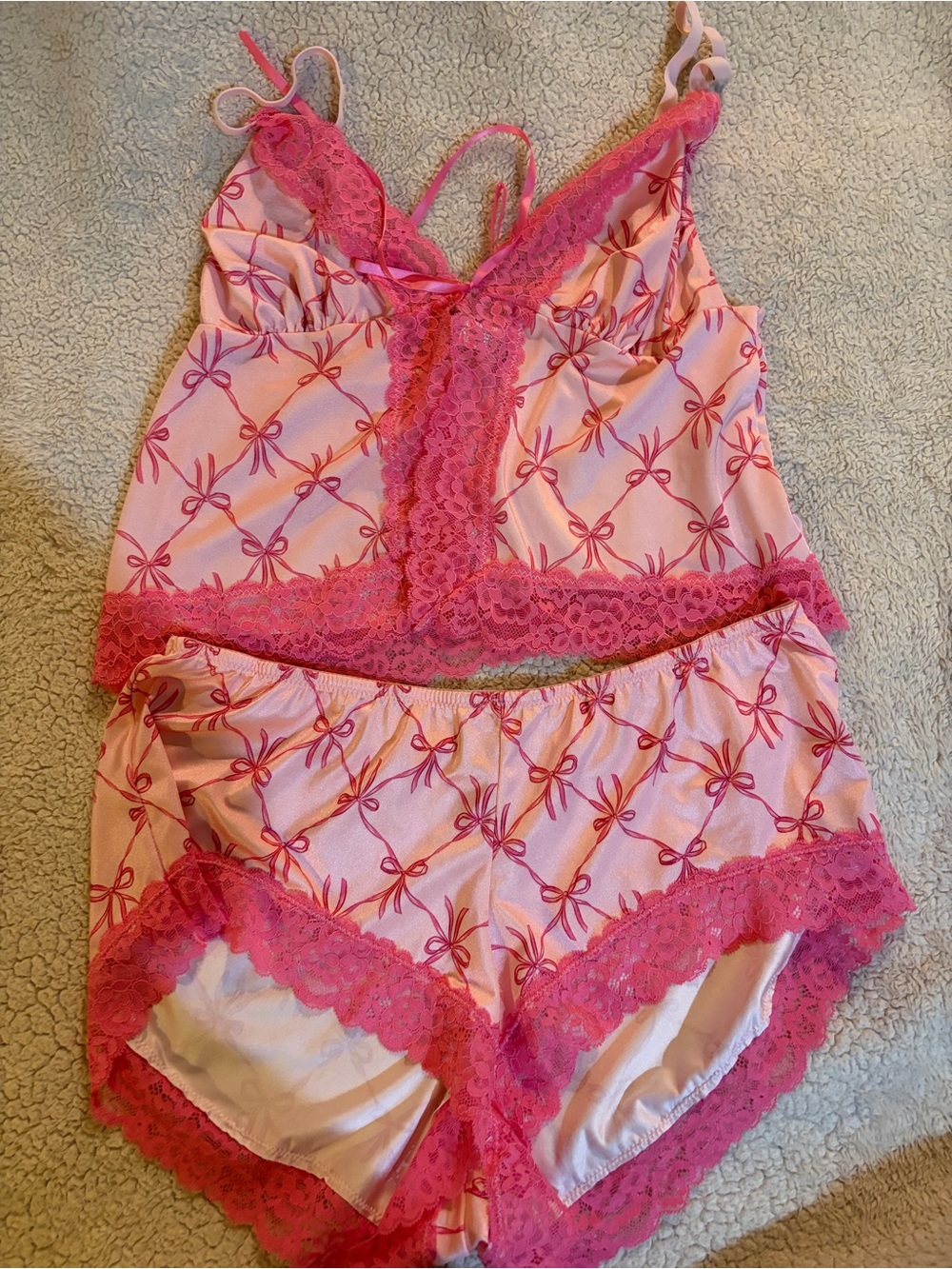 Source Unknown Pink Bow-Print Lace-Trim Camisole & Shorts Pajama Set